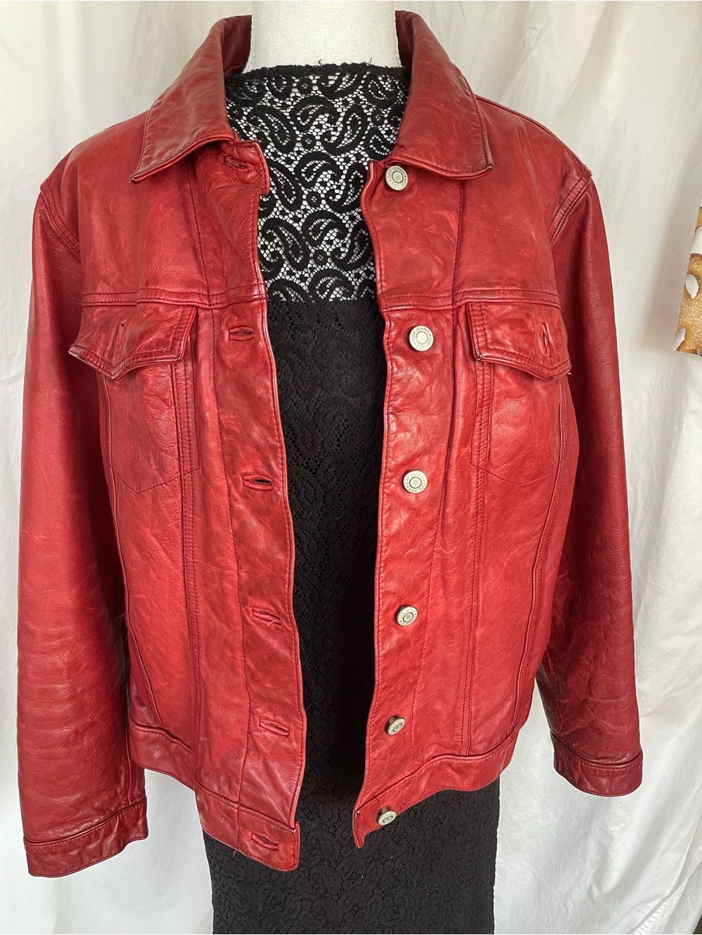 Red Leather Jacket - Classic Button-Front Jacket